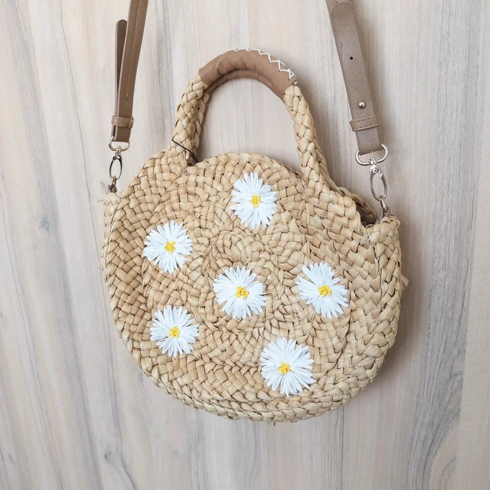 Round Woven Straw Floral Crossbody Bag OS Tan Daisy Embroidered Boho Beach